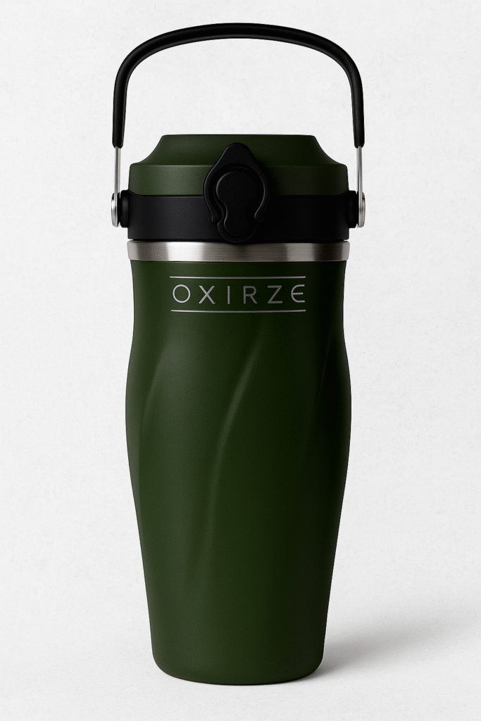 Olive green Oxirze stainless steel shaker bottle with handle and flip-top lid, plastic-free and non-toxic alternative to traditional gym bottles