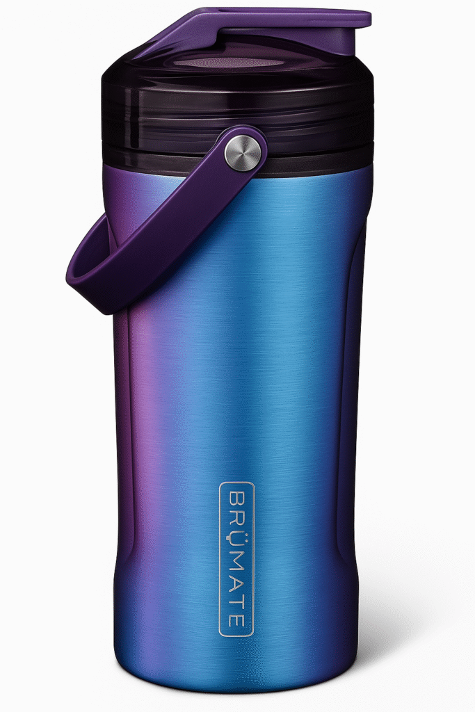 BrüMate insulated stainless steel shaker bottle with ombre blue to purple finish, non-toxic and plastic-free design