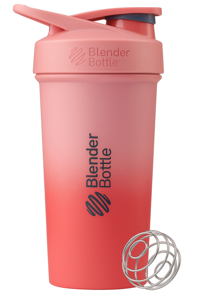 BlenderBottle shaker in pink to coral ombre with flip cap and stainless steel BlenderBall whisk, BPA-free and durable design