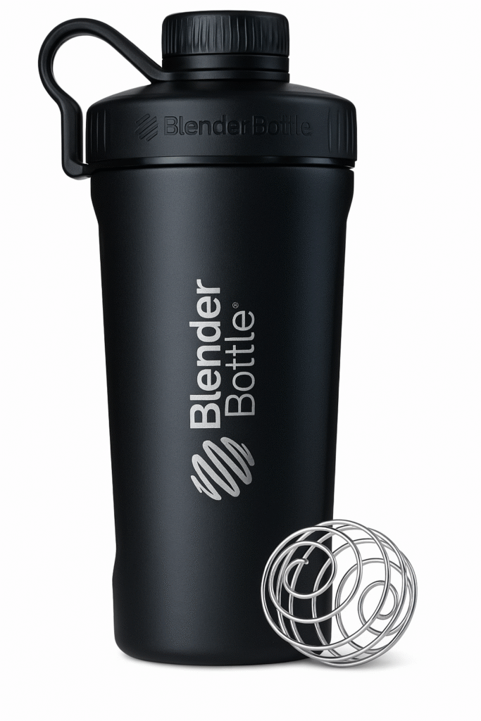 Matte black BlenderBottle shaker with screw-on lid and stainless steel BlenderBall whisk, BPA-free and durable protein shaker bottle