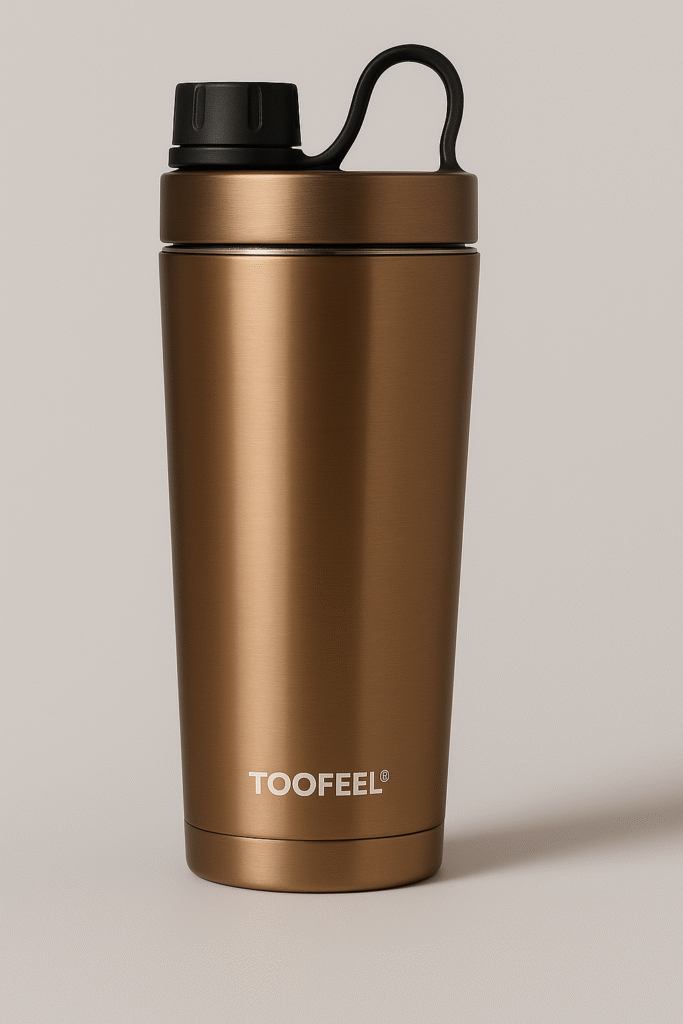 TOOFEEL stainless steel shaker bottle with brushed copper finish and metal-accented lid, plastic-free and BPA-free design