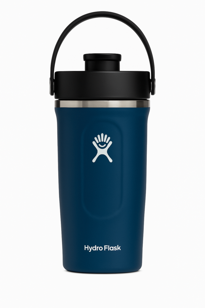 Hydro Flask insulated shaker bottle in cobalt blue with black lid and flexible carry handle, BPA-free and non-toxic design