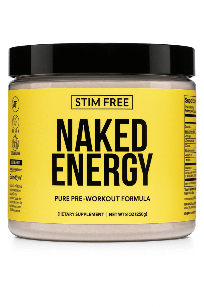 Naked Energy stim-free pre-workout supplement in a yellow jar with black lid, vegan and gluten-free dietary formula
