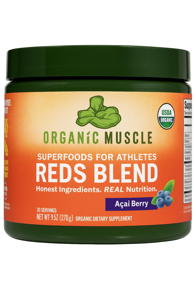 Organic Muscle Reds Blend supplement jar with acai berry flavor, USDA organic certified superfoods for athletes in a green container with orange gradient label