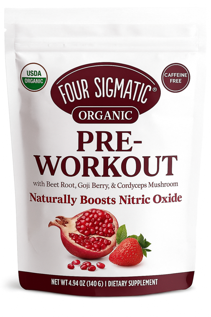 Four Sigmatic Organic Pre-Workout supplement pouch with beet root, goji berry, and cordyceps mushroom, USDA organic and caffeine-free