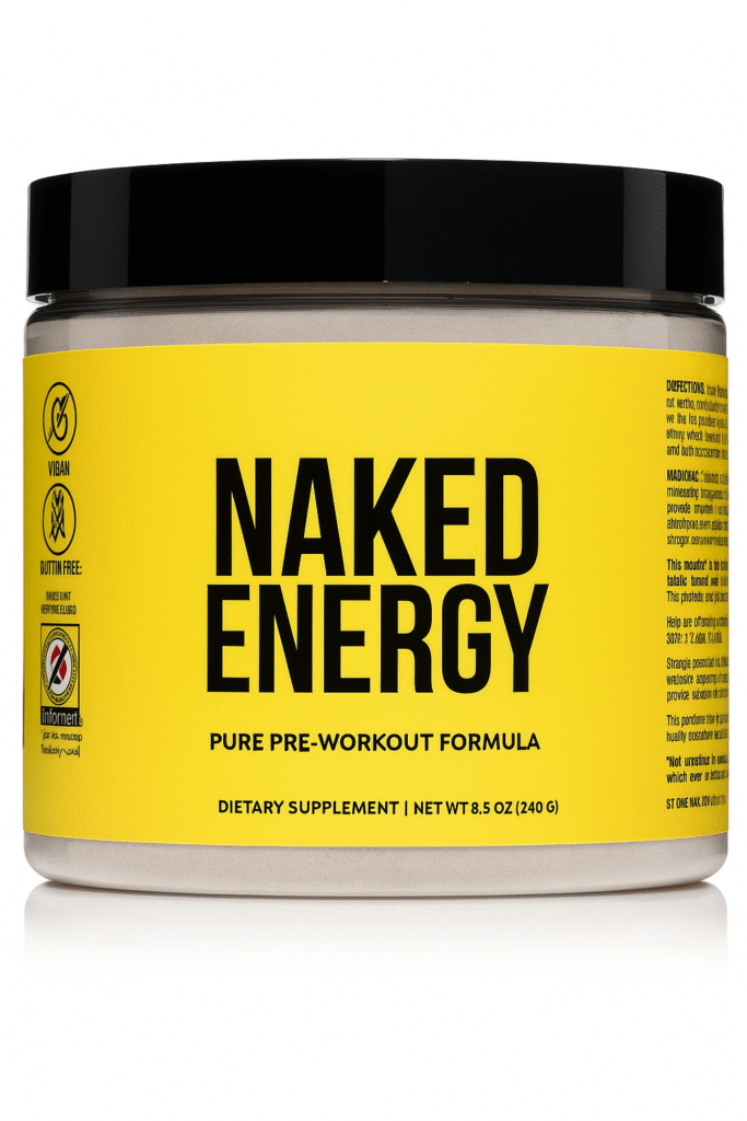 Naked Energy pre-workout supplement in yellow container with black lid, vegan and gluten-free formula, 8.5 oz jar"