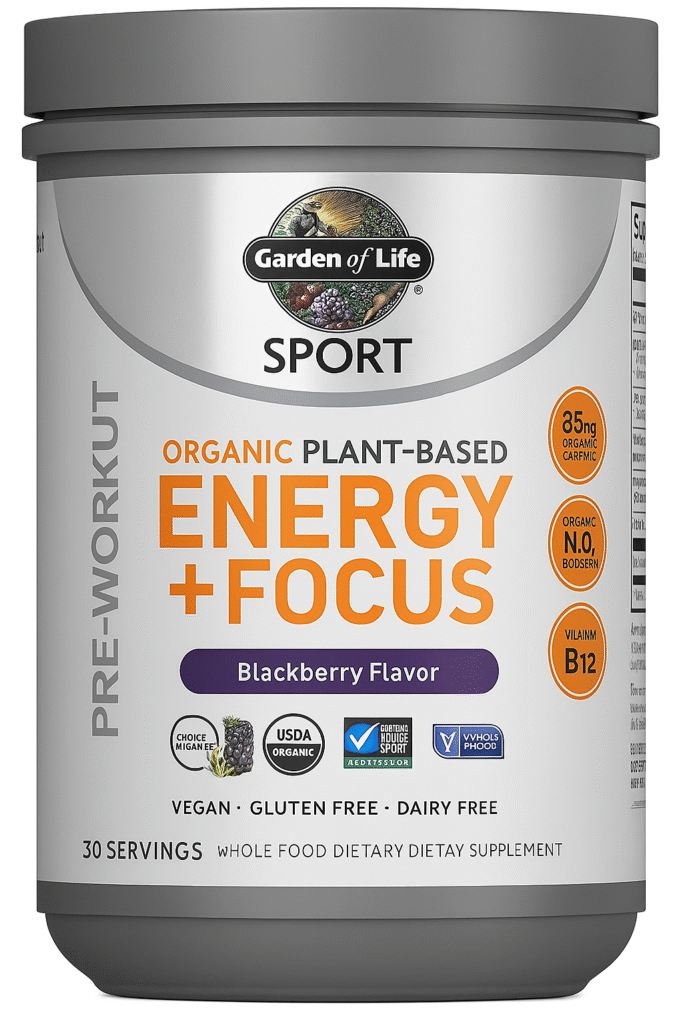 Garden of Life Sport Energy + Focus pre-workout supplement in blackberry flavor, organic plant-based formula with B12 and organic caffeine, vegan and gluten-free
