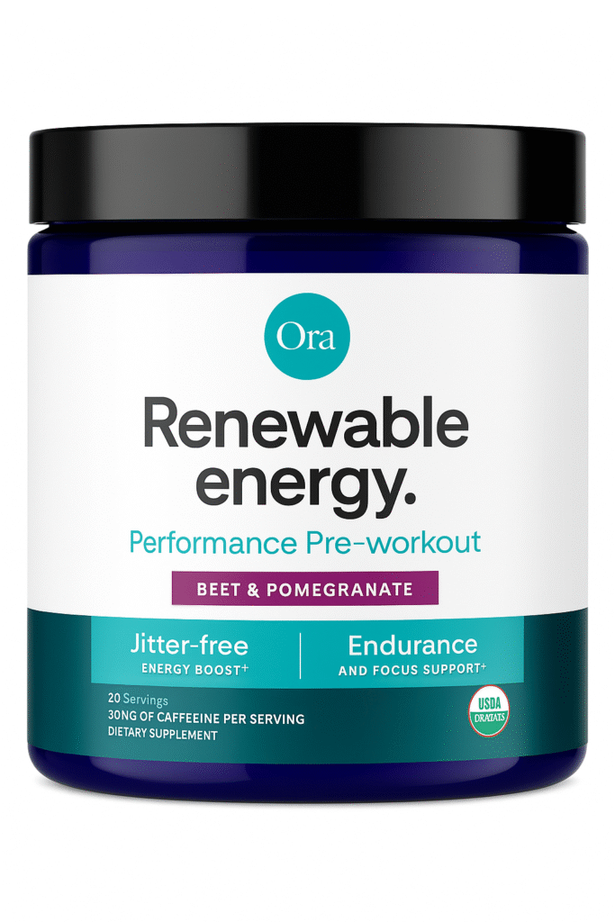 Ora Renewable Energy non-toxic pre-workout supplement in beet and pomegranate flavor, USDA organic, jitter-free energy and endurance support in a dark blue container