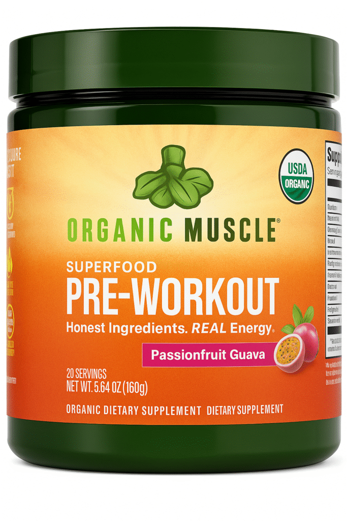 Organic Muscle Superfood Pre-Workout supplement in passionfruit guava flavor, USDA organic certified, non-toxic energy powder in a dark green container