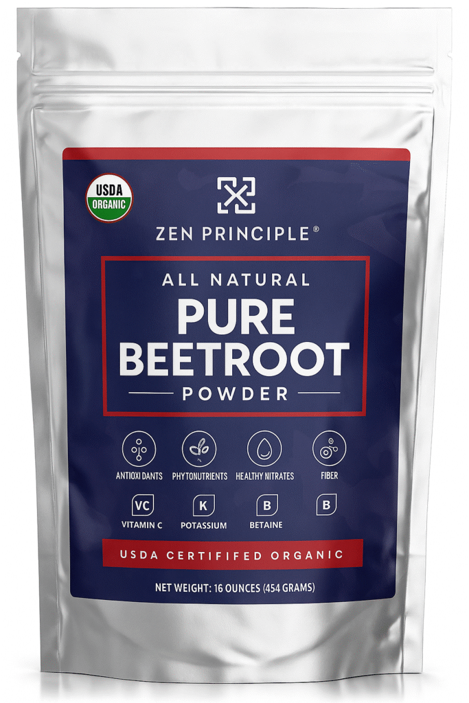Zen Principle Pure Beetroot Powder in a silver resealable pouch with navy blue label, USDA organic, non-toxic supplement rich in antioxidants and nutrients