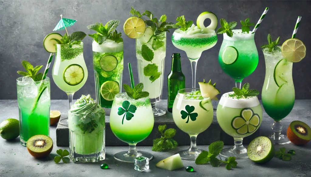 A collection of seven beautifully presented non-alcoholic green mocktails for St. Patrick’s Day, each in a unique glass with festive garnishes