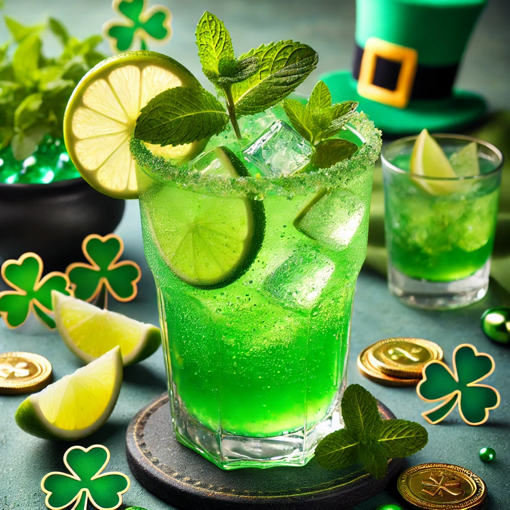 Refreshing green mocktail in a tall glass, garnished with fresh mint leaves and lime slices, perfect for St. Patrick’s Day celebrations.