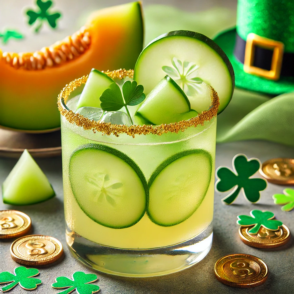 Light green cucumber and honeydew melon mocktail in a clear glass, garnished with a cucumber slice, ideal for a refreshing St. Patrick’s Day drink.