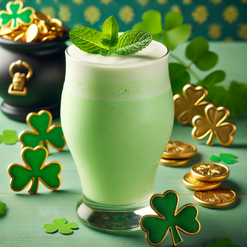 Creamy pastel green shamrock shake mocktail in a tall glass, topped with a fresh mint leaf, a healthy twist on the classic St. Patrick’s Day treat.