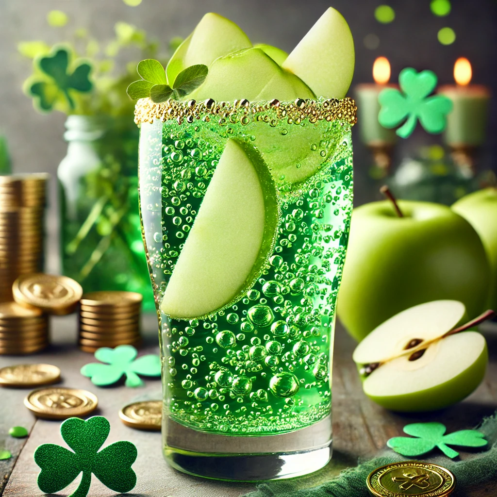 Sparkling green apple mocktail in a highball glass with apple slices floating on top, a bubbly and tart St. Patrick’s Day drink.
