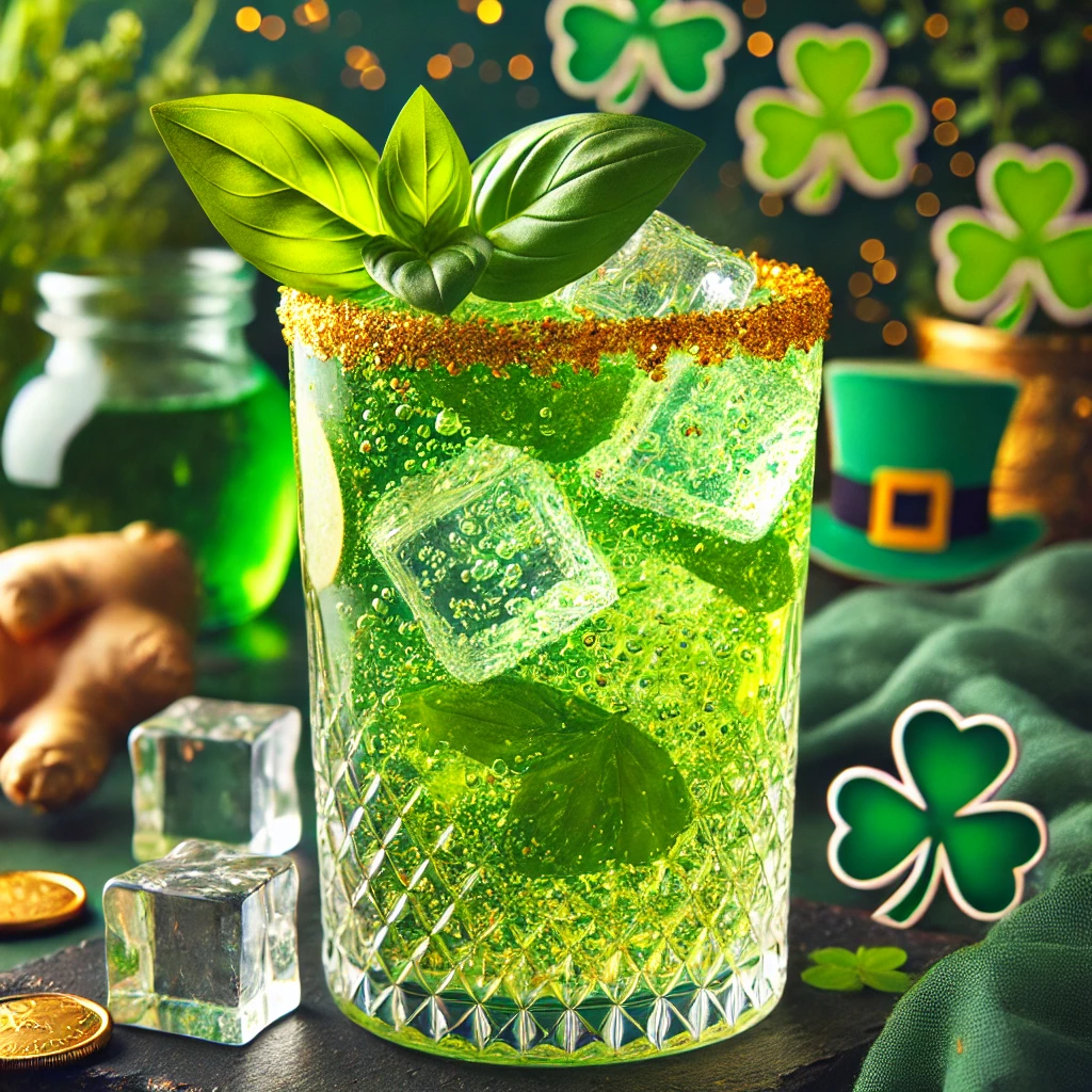 Herbal green tea mocktail infused with fresh basil and ginger, served over ice in a tall glass with bubbles, a refreshing St. Patrick’s Day drink.