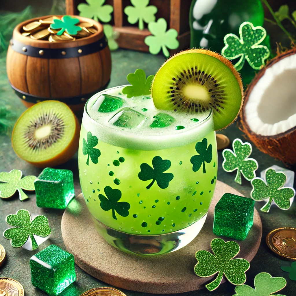 Tropical kiwi and coconut milk mocktail in a rounded glass, garnished with a kiwi slice, a smooth and fruity St. Patrick’s Day beverage.