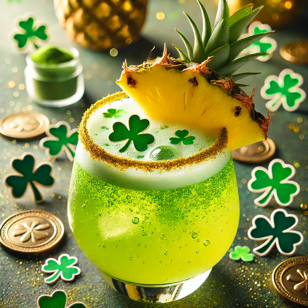 Vibrant yellow-green pineapple matcha mocktail in a cocktail glass, garnished with a pineapple wedge and a dusting of matcha, a fizzy St. Patrick’s Day drink.