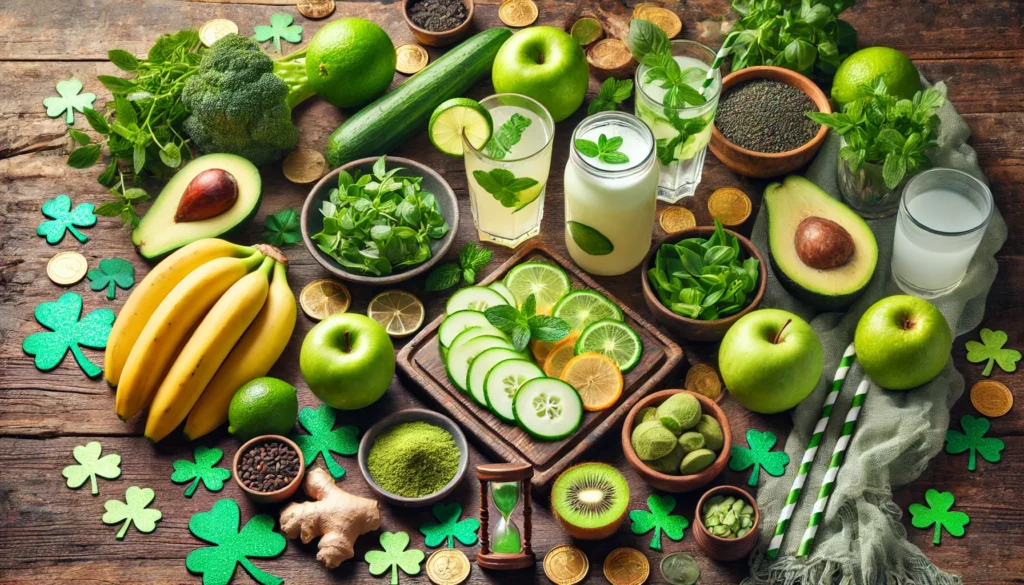 A festive horizontal flat lay of fresh ingredients for St. Patrick’s Day non-alcoholic drinks, including limes, mint, cucumber, honeydew, avocados, green apples, basil, ginger, kiwi, coconut milk, pineapple, and matcha powder, arranged with shamrocks and gold coins on a rustic wooden surface.