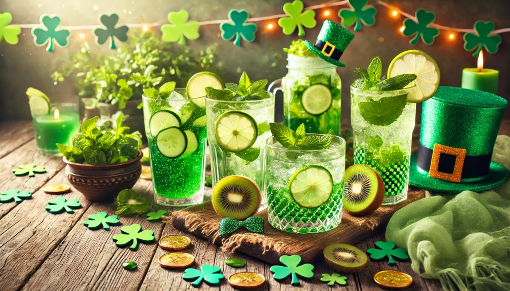 A vibrant horizontal image of healthy St. Patrick’s Day mocktails, featuring refreshing non-alcoholic green drinks garnished with fresh ingredients like mint, lime, cucumber, kiwi, and basil, set on a rustic wooden table with festive shamrocks and gold coins.
