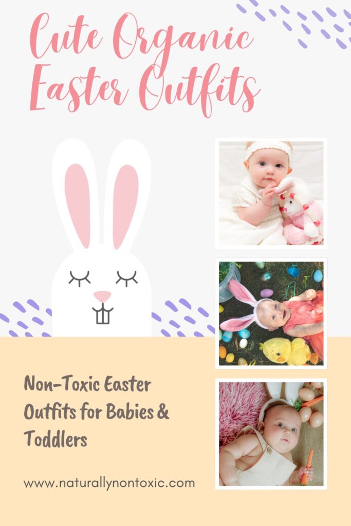A cute graphic image shows three babies, each dressed in cute organic Easter outfits, with bunny ears, carrots, and Easter eggs.