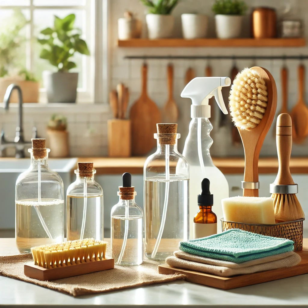 A bright, airy home with natural cleaning products displayed on a kitchen counter. The cleaning products include glass spray bottles filled with homemade solutions, wooden scrub brushes, and reusable microfiber cloths. Sunlight streams in, creating a fresh and inviting atmosphere.