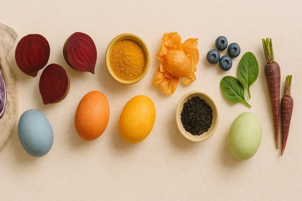 A Pinterest-style image showing naturally dyed Easter eggs in a woven basket on a rustic wooden surface. The eggs are pastel-toned, surrounded by natural dye ingredients like turmeric, cabbage, and beets, with tools like a wooden spoon and linen cloth completing the cozy, eco-friendly scene.