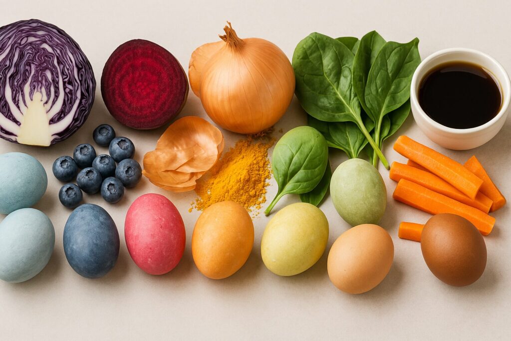 Naturally dyed Easter eggs with ingredients like cabbage, beets, turmeric, and tea arranged side-by-side on a neutral background.