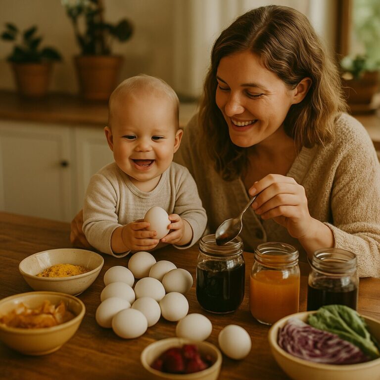 A mother and baby sitting at a sunlit wooden table dyeing Easter eggs with natural ingredients and glass jars filled with colorful plant-based dyes.