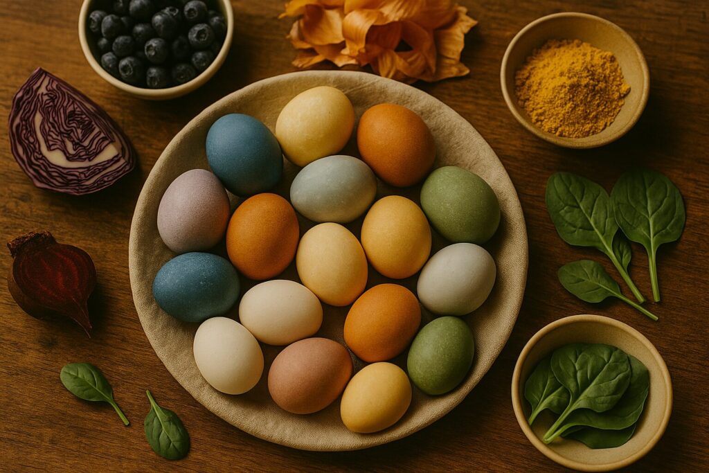 A close-up of naturally dyed Easter eggs resting on a ceramic plate, surrounded by vibrant dyeing ingredients like turmeric, blueberries, and spinach.