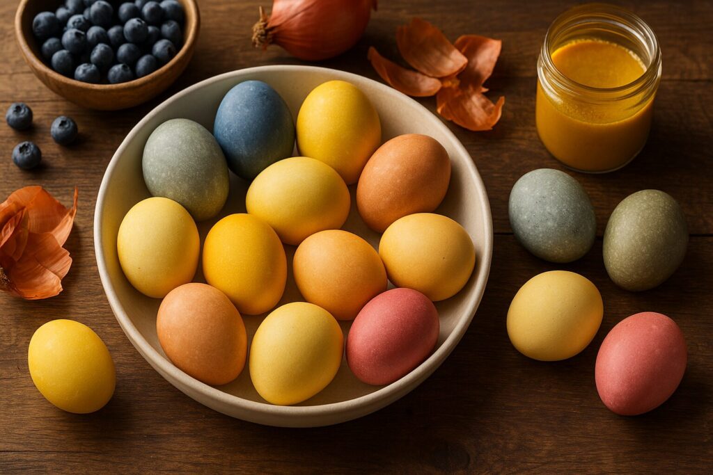 A shallow ceramic bowl filled with colorful naturally dyed Easter eggs, placed beside natural dyeing ingredients like onion skins, blueberries, and turmeric.