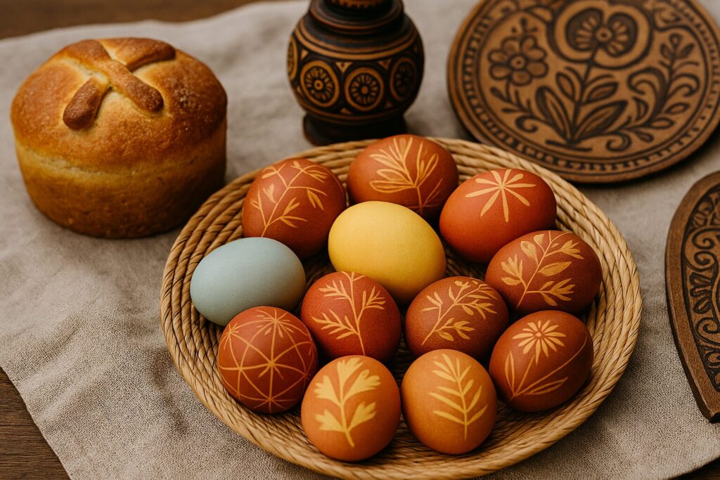 Decorated Easter eggs displayed alongside traditional paska bread and wooden folk artifacts on natural linen, capturing global Easter traditions.