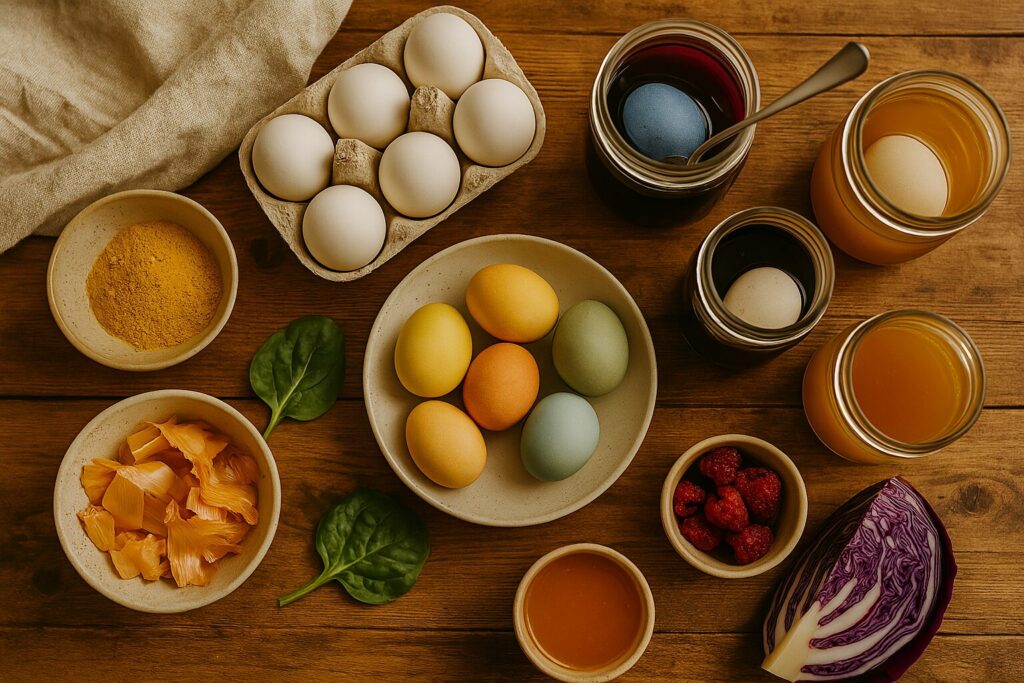 A top-down view of an Easter egg dyeing station with white eggs, natural dye jars, and ingredients like turmeric on a weathered wooden table.