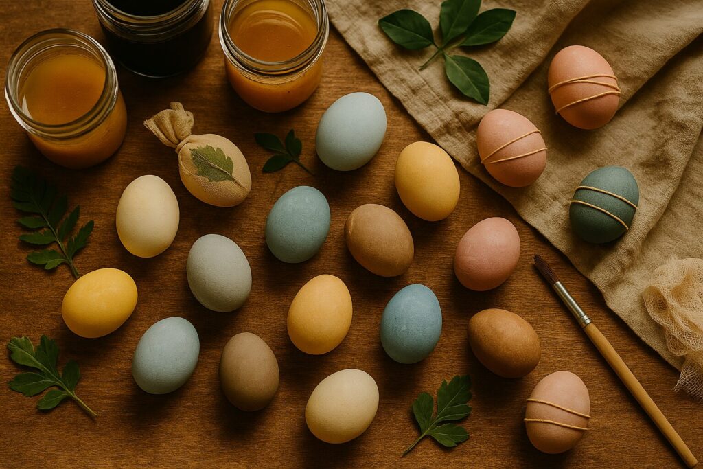 A top-down image of hand-decorated Easter eggs in natural hues, surrounded by paintbrushes, leaves, and jars of dye, showing different creative techniques.