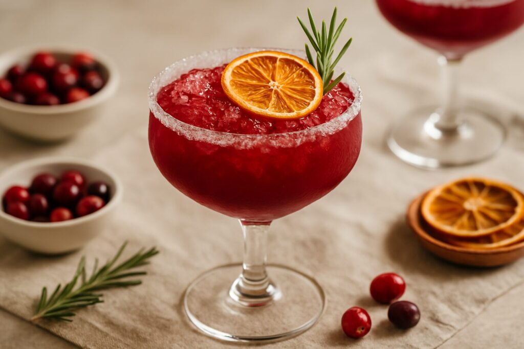 A deep red mocktail served in a clear glass with ice, garnished with citrus and herbs, set on a natural wood table in soft, moody lighting. The scene feels calm, elegant, and perfect for an alcohol-free evening ritual.