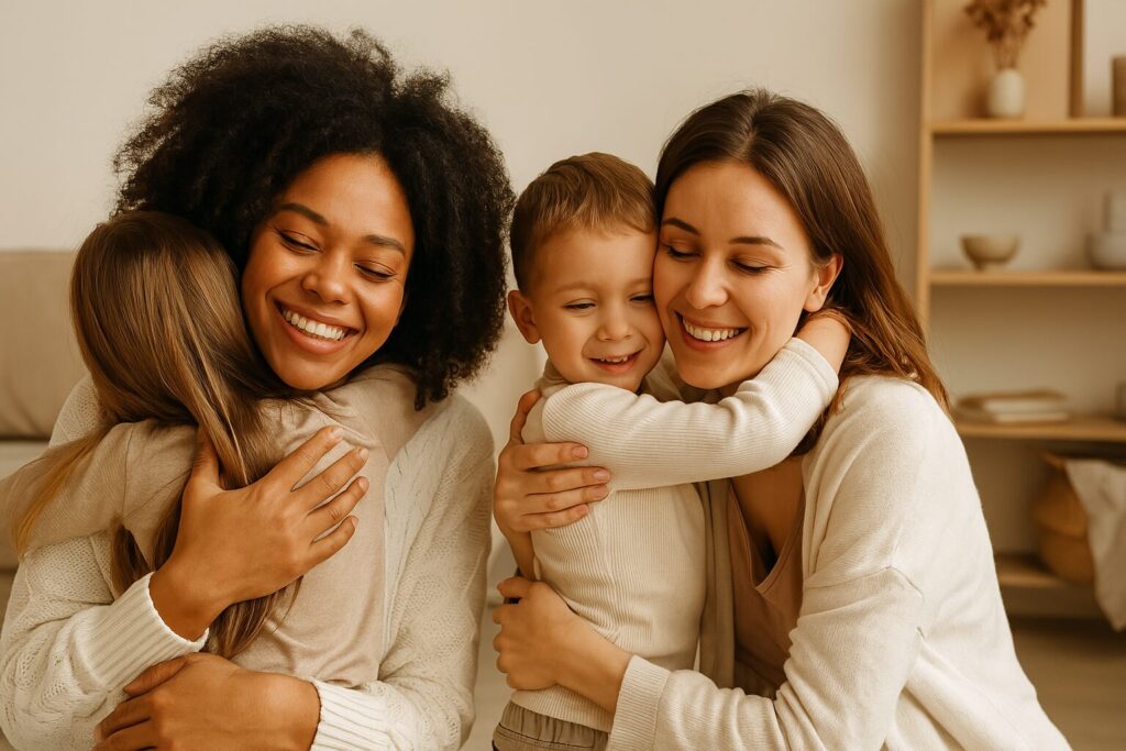 Two mothers sitting in a cozy living room, each hugging their child with warm, joyful expressions. The soft lighting and neutral tones create a relaxed, heartwarming atmosphere that highlights the bond between mother and child.