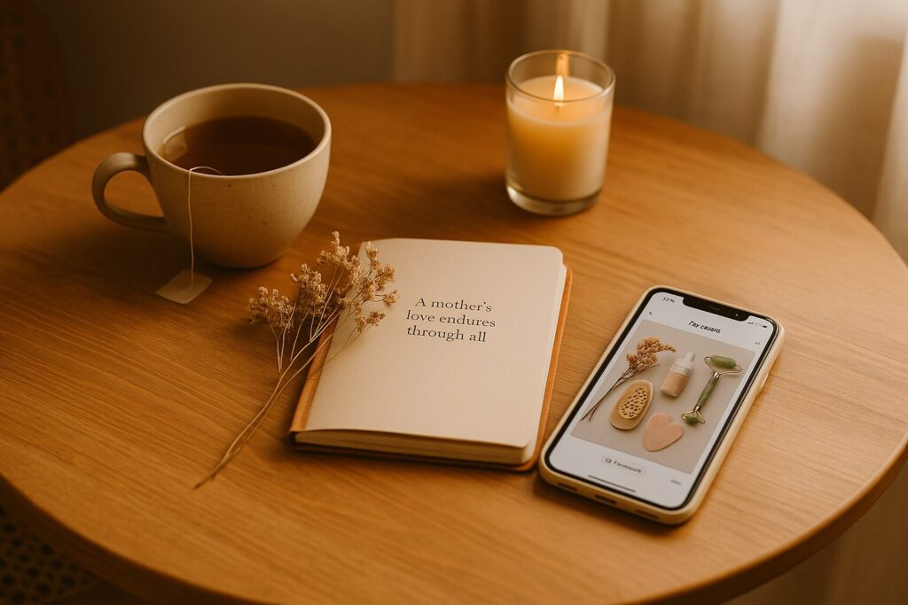 A warm, cozy tabletop scene with a ceramic mug of tea, an open journal reading “A mother’s love endures through all,” a lit candle, dried flowers, and a smartphone displaying non-toxic mother's day gifts.
