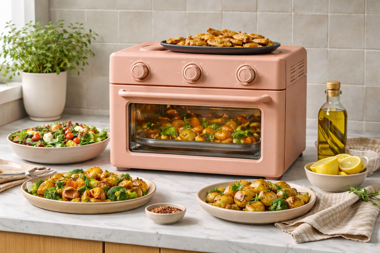 Peach countertop air fryer oven with roasted vegetables, olive oil, and lemons on a bright kitchen counter—featured image for PFAS-free, non-toxic air fryer guide (2026).