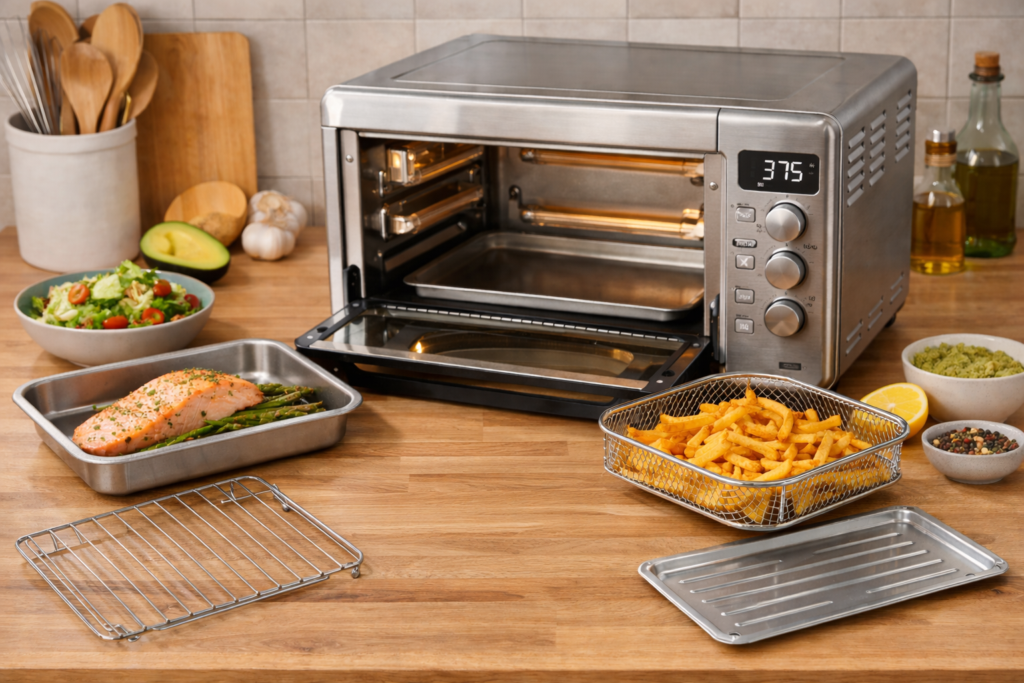 Stainless steel air fryer oven on a wooden kitchen counter with open door, stainless accessories, salmon, asparagus, and fries in a bright lifestyle kitchen scene.