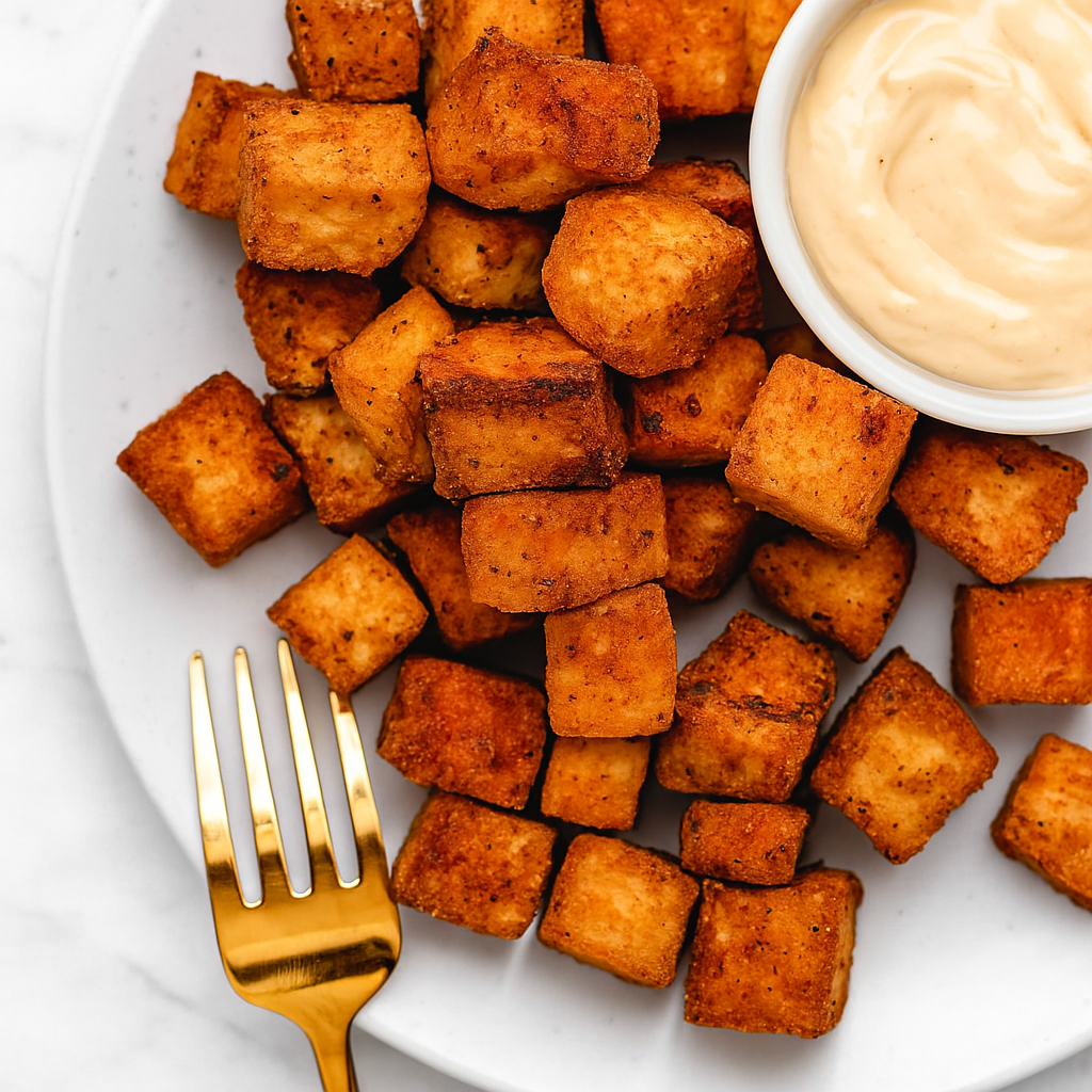Golden crispy tofu pieces plated with a side of dipping sauce—made in a non toxic air fryer without Teflon, ceramic, or chemical coatings.