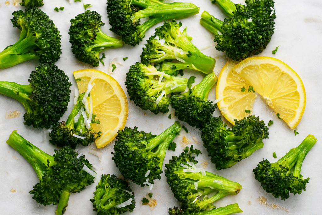 Roasted broccoli florets topped with shredded parmesan and lemon slices—cooked in a non toxic air fryer with no Teflon, ceramic, or chemical coatings.