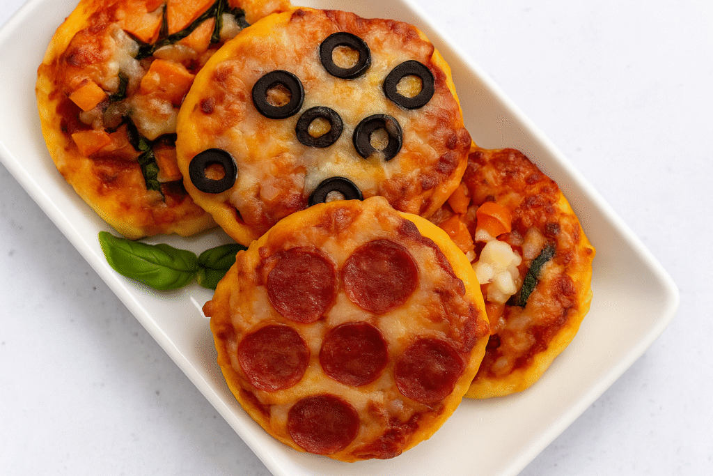 Mini pepperoni, olive, and veggie pizzas on a white plate—crispy and golden from a non toxic air fryer with no Teflon or nonstick coating.