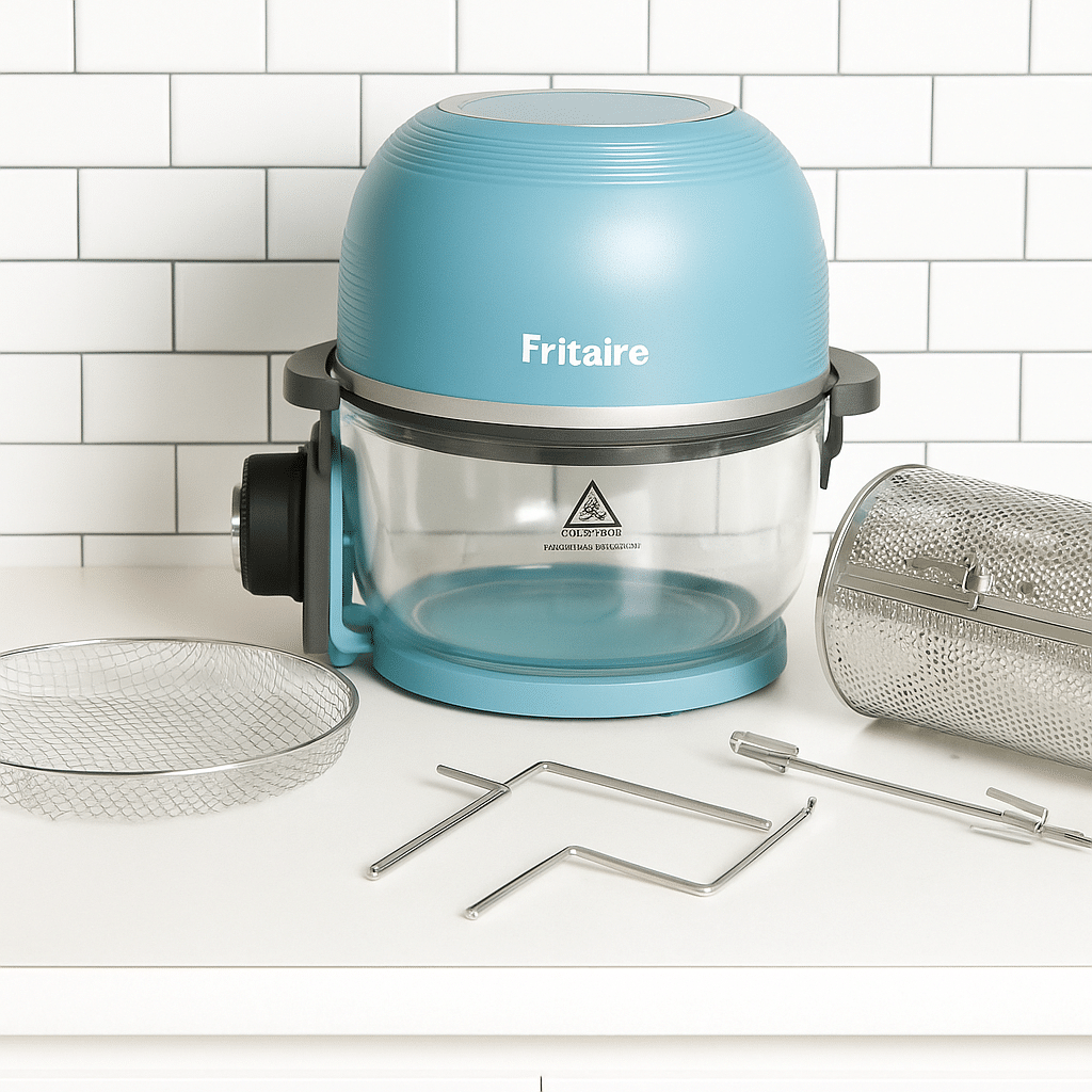 Fritaire non toxic air fryer with a glass bowl and stainless steel accessories displayed on a kitchen counter—free from Teflon, PFAS, and chemical coatings.
