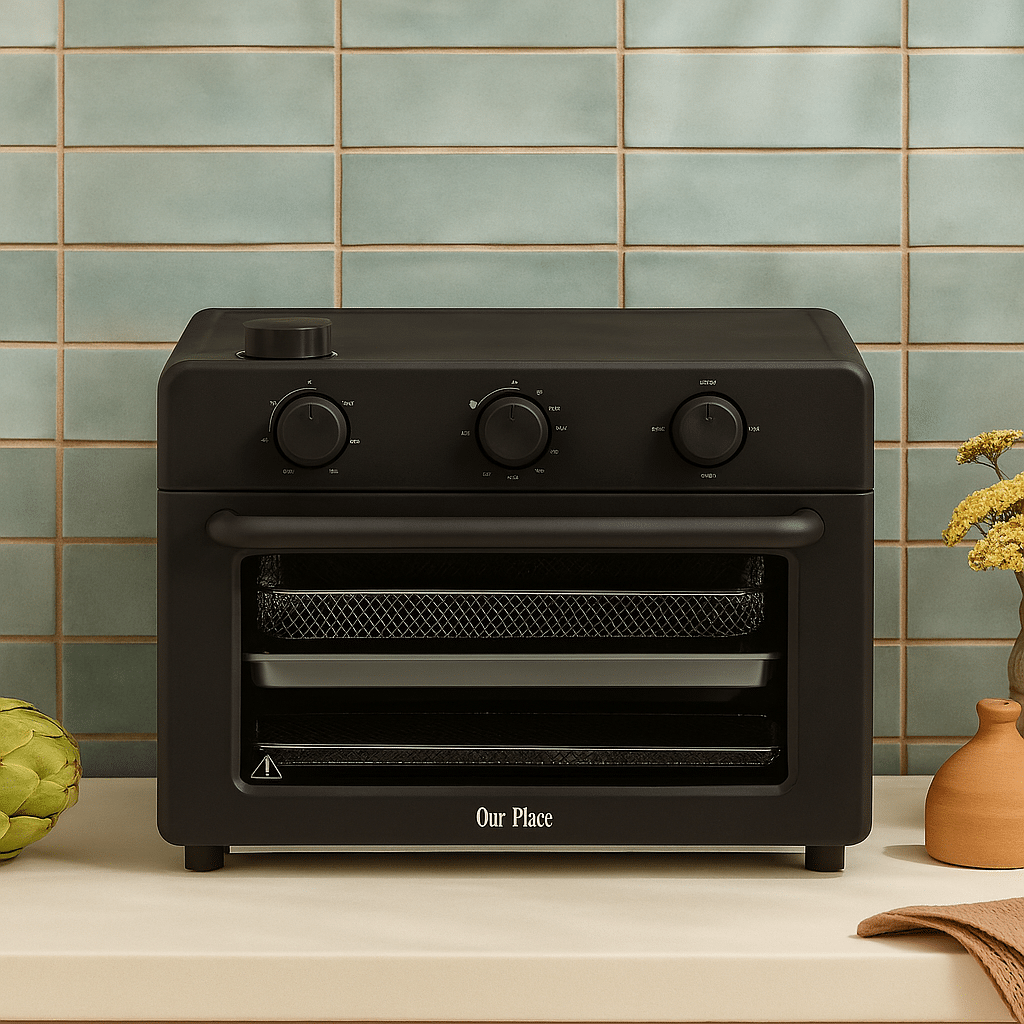 Our Place Wonder Oven air fryer with a stainless steel interior and glass door shown on a kitchen counter—non toxic air fryer free from Teflon, ceramic, and PFAS.