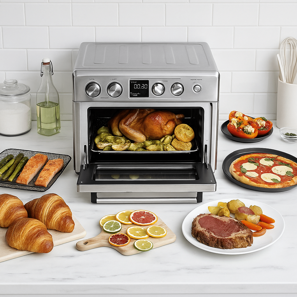 A stainless steel air fryer oven cooking a whole chicken with vegetables, surrounded by salmon, pizza, stuffed peppers, and citrus—example of a multifunction non toxic air fryer with no Teflon or PFAS.