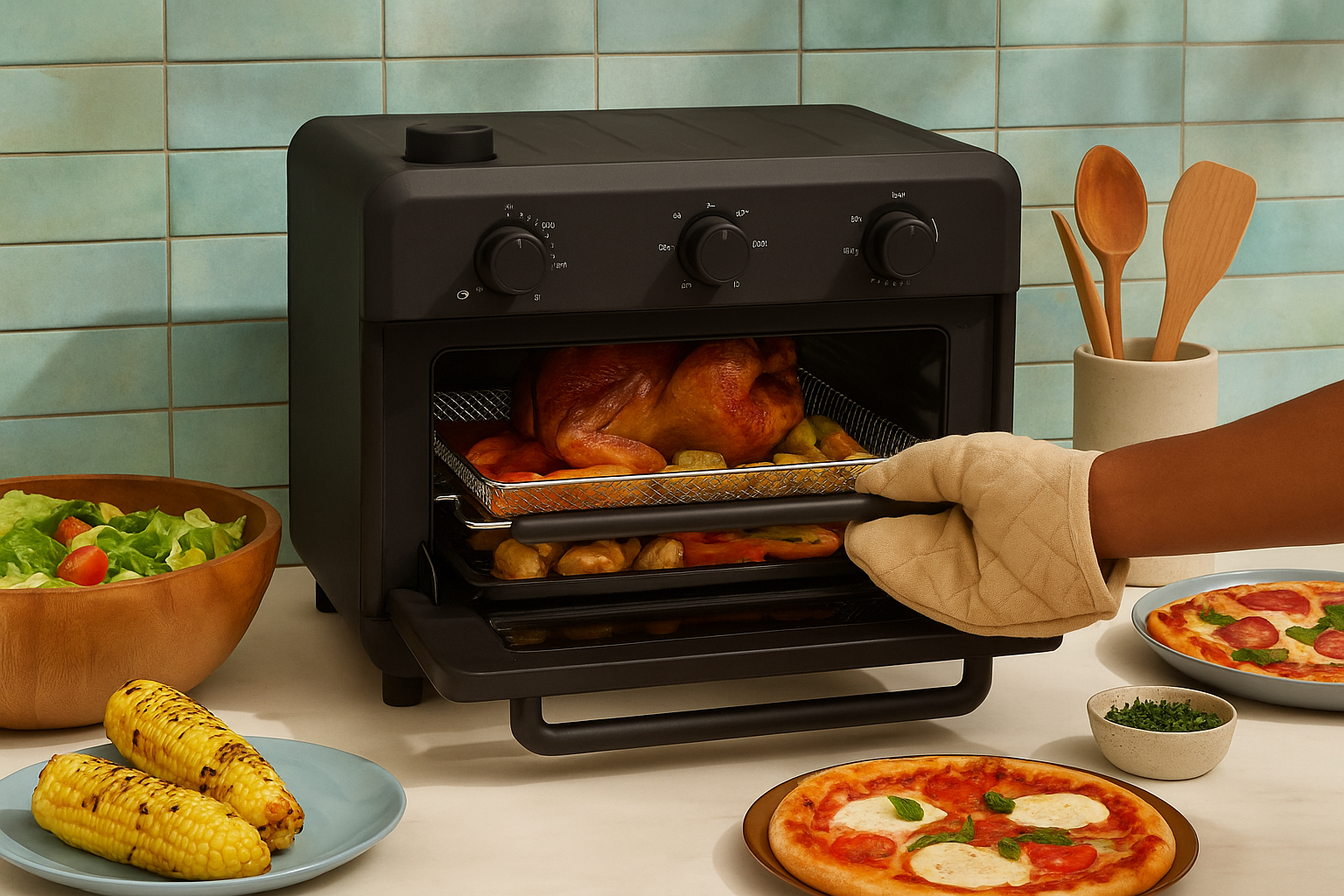 A non toxic air fryer oven by Our Place shown cooking a full meal, with roasted vegetables and crispy chicken—PFAS-free, Teflon-free, and stainless steel inside.