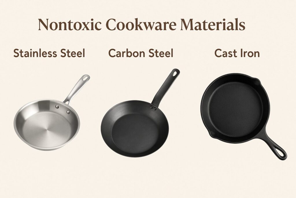 Infographic showing three types of non-toxic cookware: stainless steel, carbon steel, and cast iron. Each pan is labeled and shown against a light neutral background.