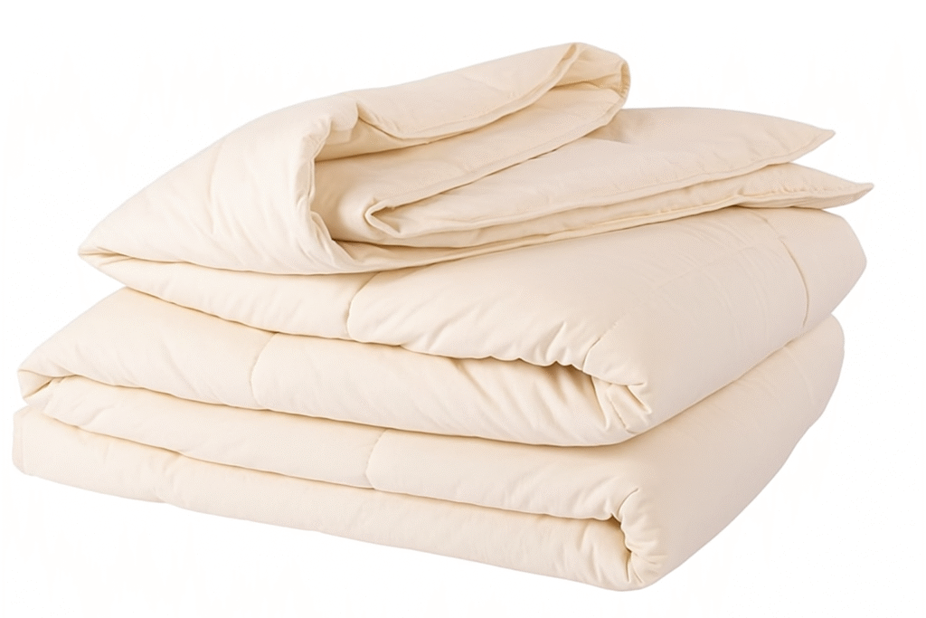 Folded off-white organic cotton comforter with soft quilting, displayed on a white background