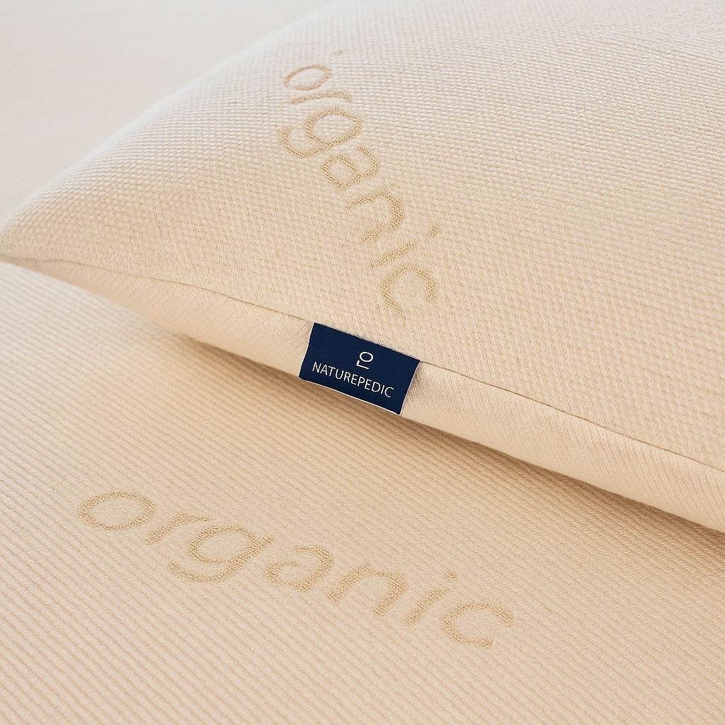 Close-up of a Naturepedic organic latex pillow with embroidered “organic” text and navy brand tag on a matching organic cotton mattress