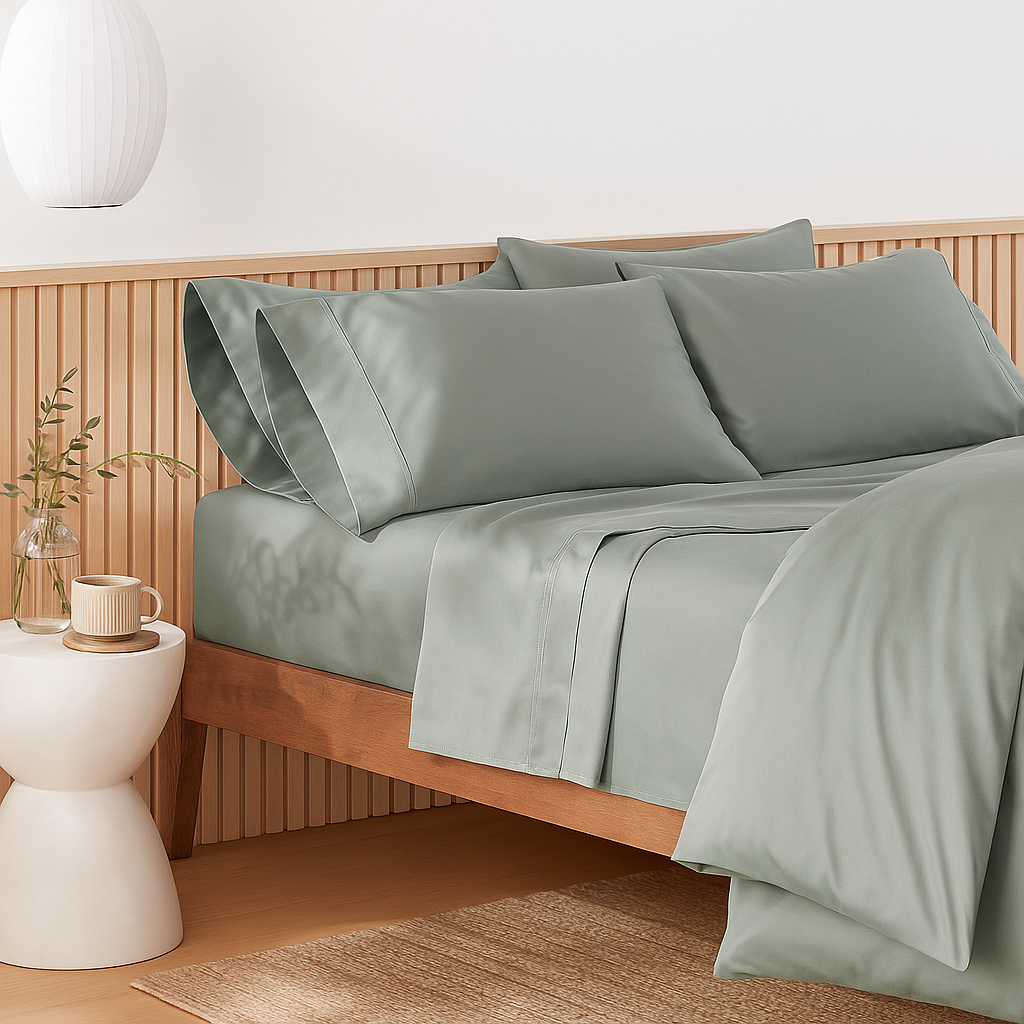 Non-toxic organic sage green cotton bed sheets on a modern wooden bed with minimalist decor